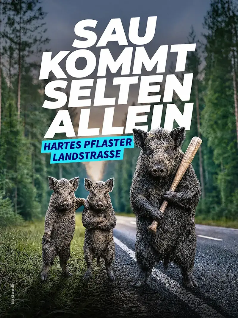 Motiv zur Wildunfallprävention: Wildschwein mit zwei Frischlingen an einer Landstraße und dem Schriftzug „Sau kommt selten allein – Hartes Pflaster Landstraße“.